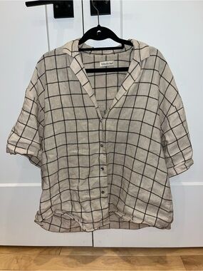 A Bronze Age Cream linen Windowpane Button-Down Shirt